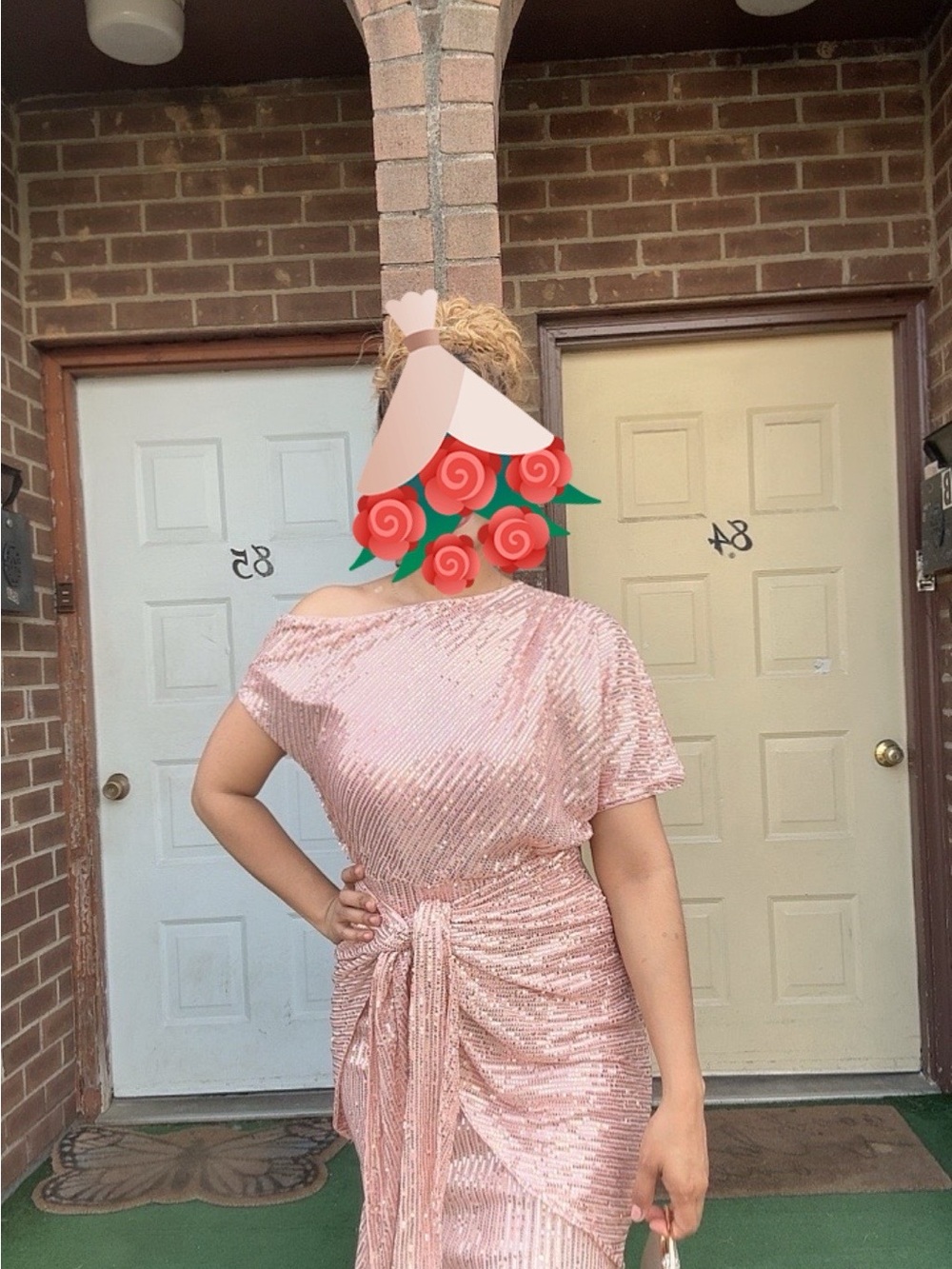 Grace Karin Rose Pink One-Shoulder Sequin Dress with Waist Tie